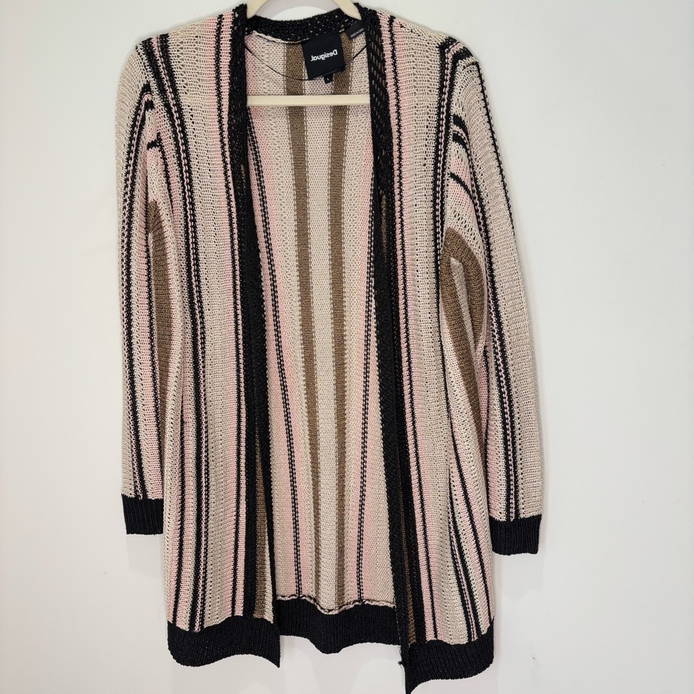 Desigual Open Knit Striped Long Cardigan Size Medium Neutral Classic Boho F48